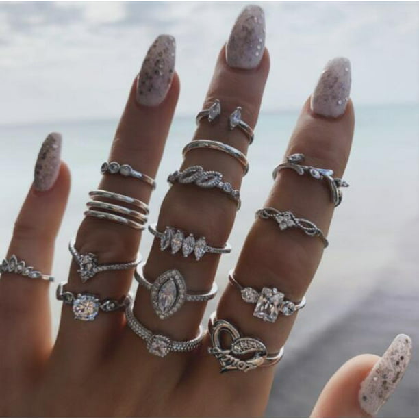 Vintage Rings Silver Gold Plated Crystal Above Knuckle Ring Band Midi Ring Set